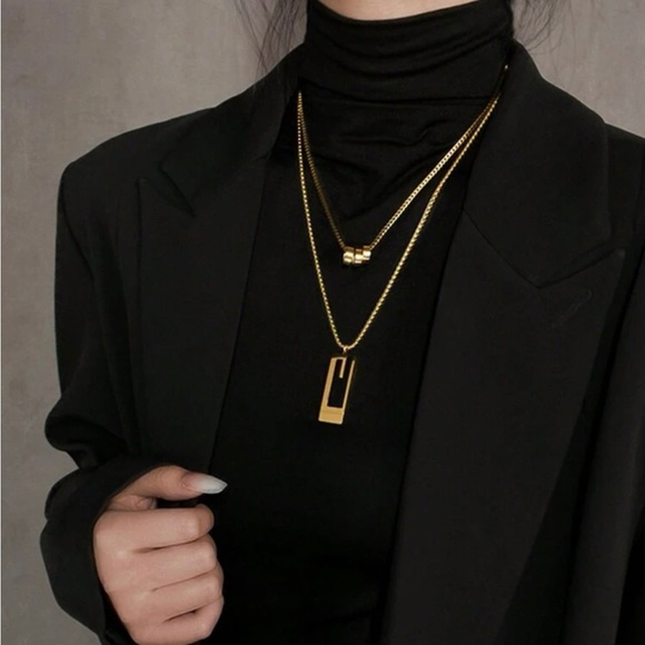 Gold Plated Stainless Steel Bar Layered Ring Pendant Necklace - Picture 2 of 2